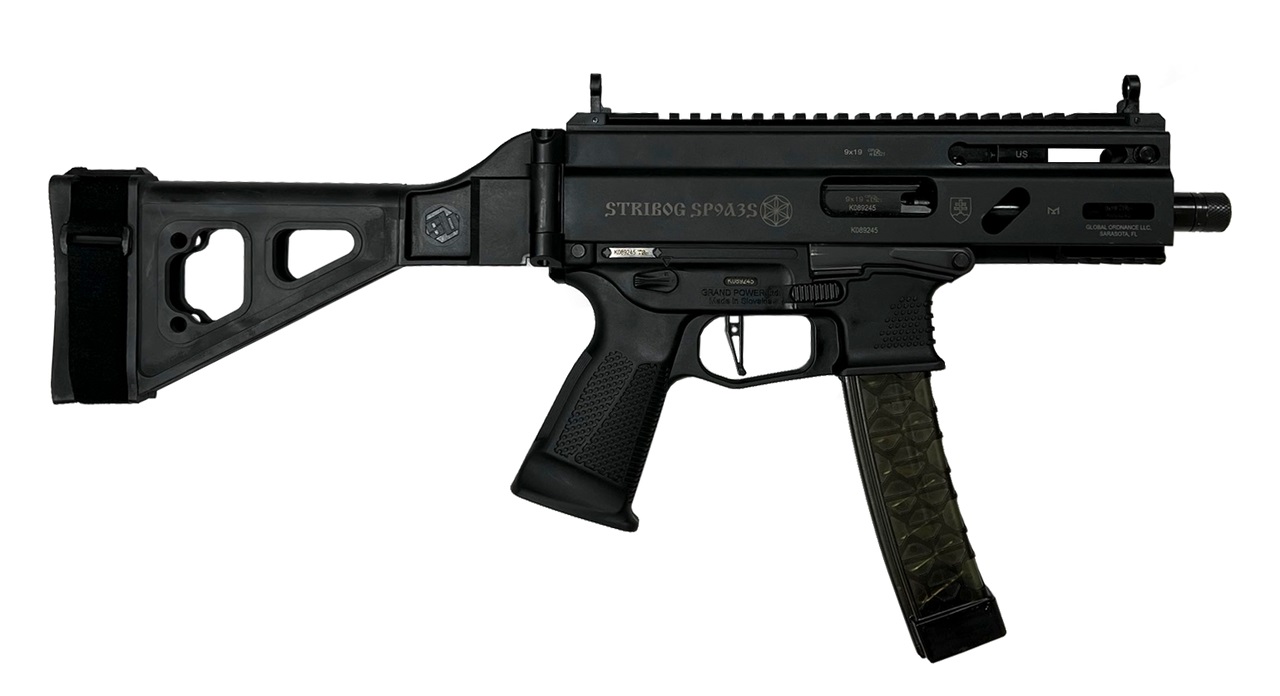 Grand Power Stribog SP9A3S Pistol - Black | 9mm | 5" Threaded Barrel | 30rd | Folding SBT Brace