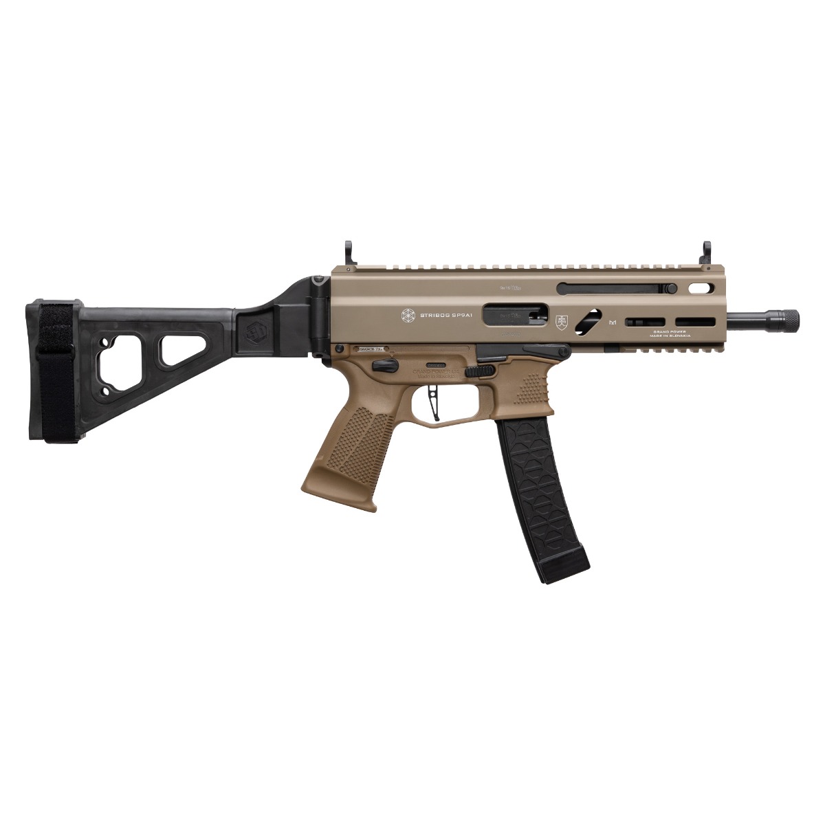 Grand Power Stribog SP9A1 Pistol - FDE | 9mm | 8" Threaded Barrel | 30rd | Folding SBT Brace