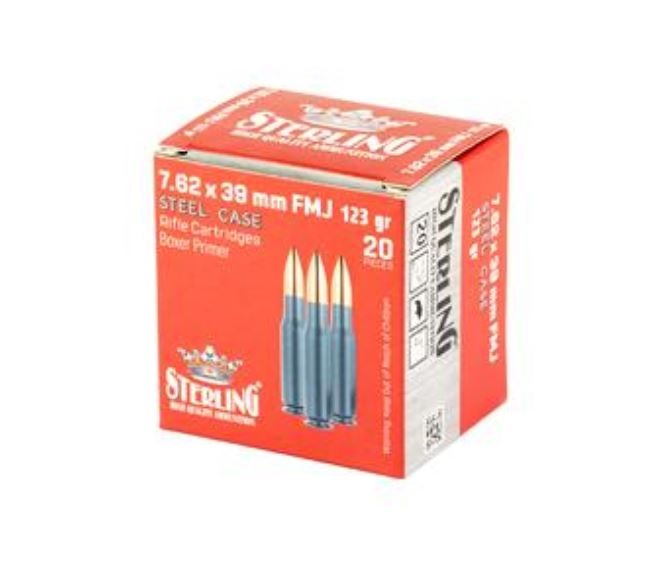 Sterling Exclusive Steel Cased 7.62x39 Rifle Ammo - 123 Grain | FMJ | 20rd Box